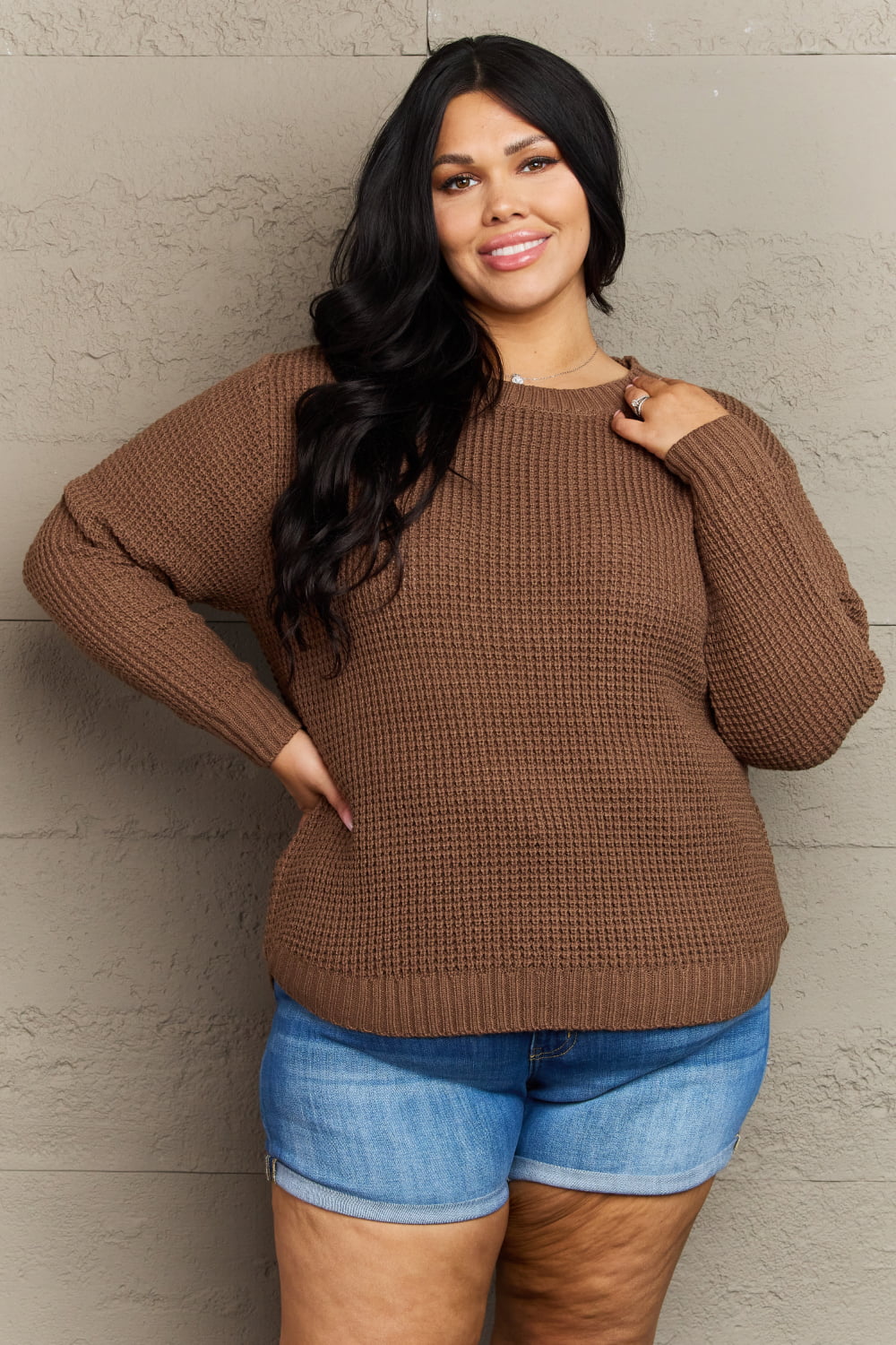 Zenana Breezy Days Plus Size High Low Waffle Knit Sweater Zenana Breezy Days Plus Size High Low Waffle Knit Sweater - TopFashionHQ