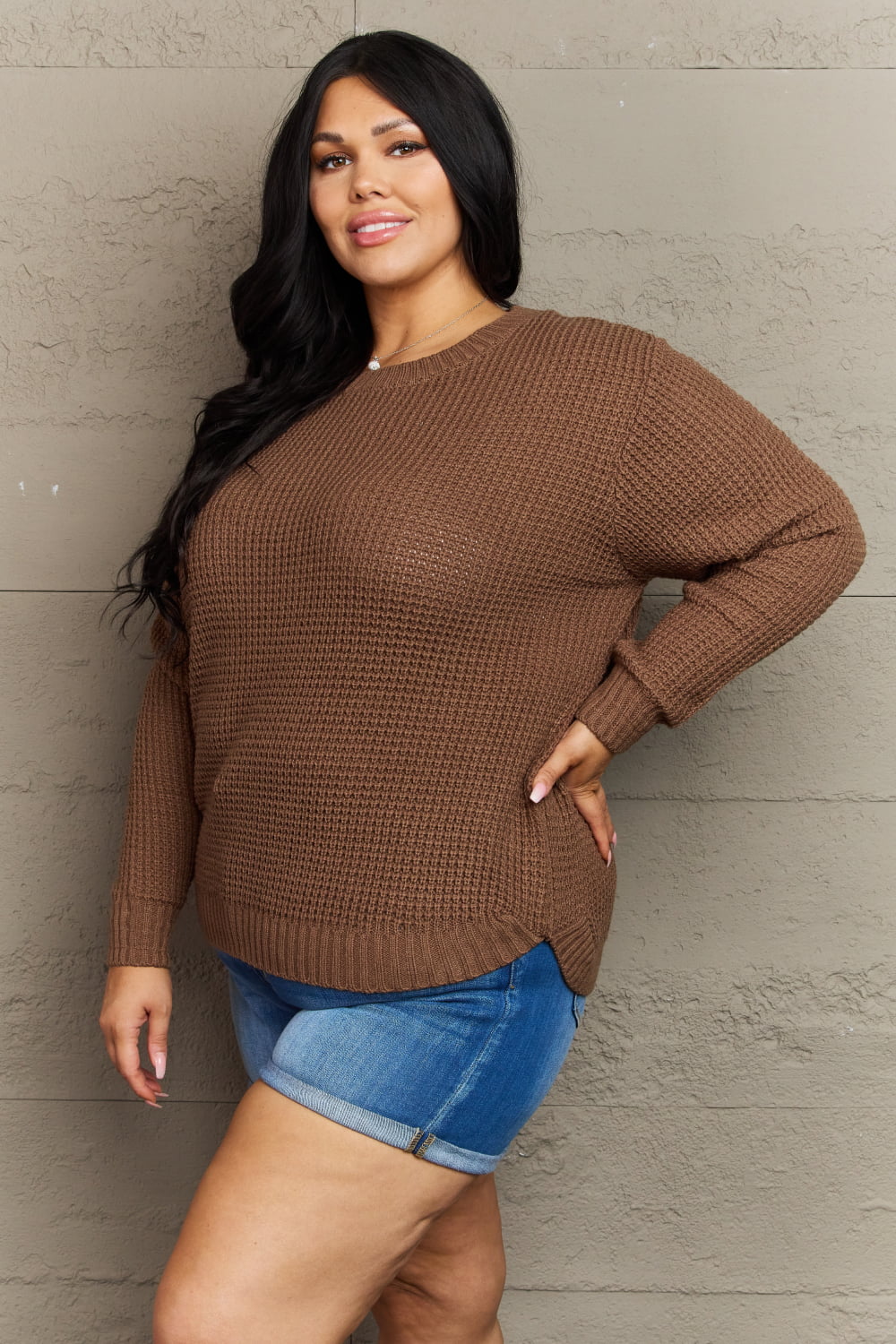 Zenana Breezy Days Plus Size High Low Waffle Knit Sweater Zenana Breezy Days Plus Size High Low Waffle Knit Sweater - TopFashionHQ