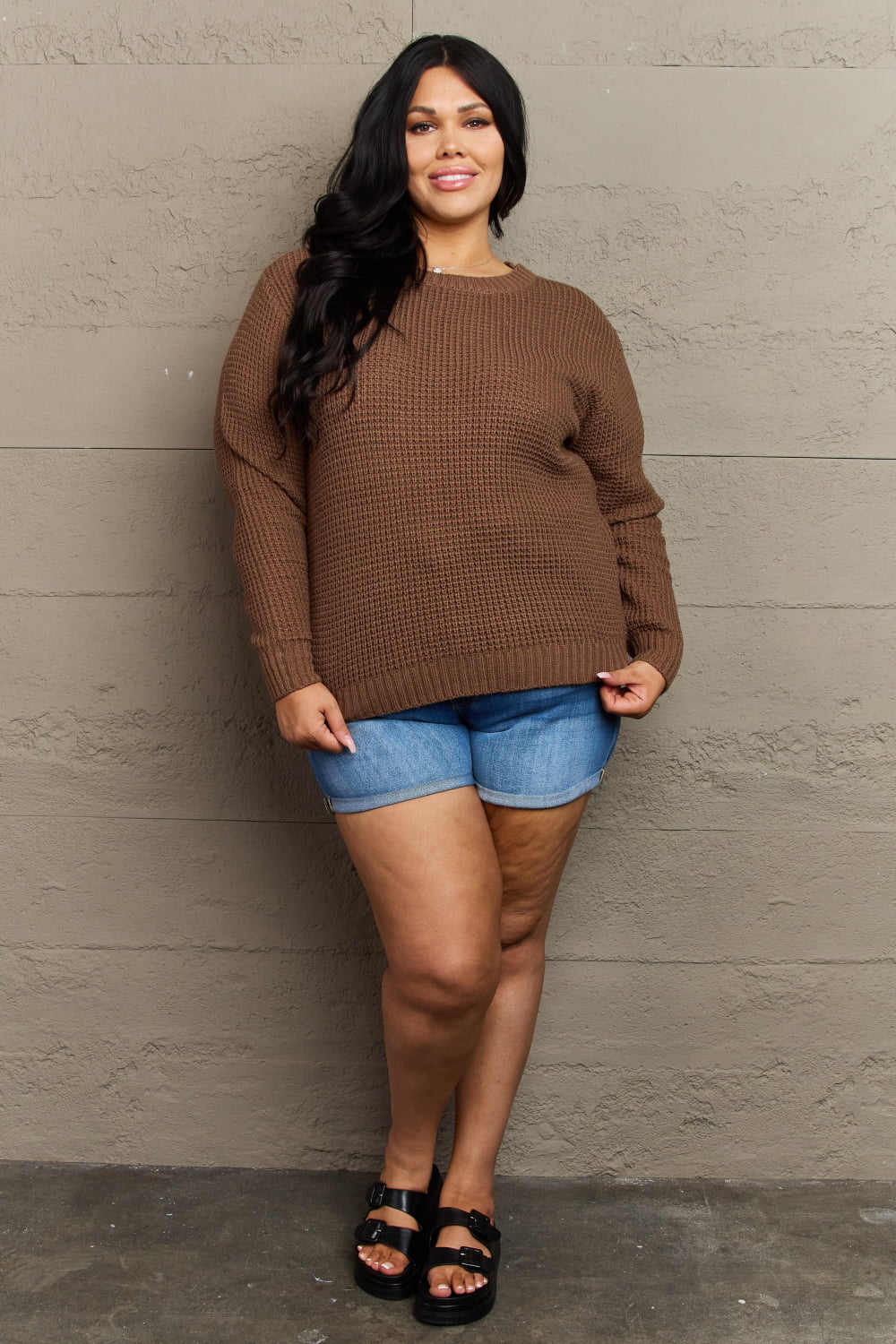 Zenana Breezy Days Plus Size High Low Waffle Knit Sweater Zenana Breezy Days Plus Size High Low Waffle Knit Sweater - TopFashionHQ