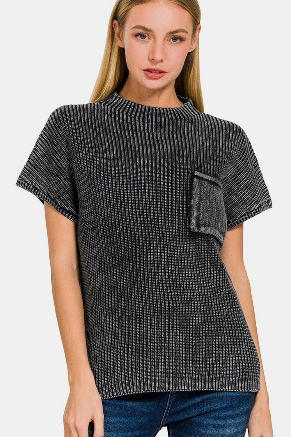 Zenana Pocketed Mock Neck Short Sleeve Sweater Zenana Pocketed Mock Neck Short Sleeve Sweater - TopFashionHQ