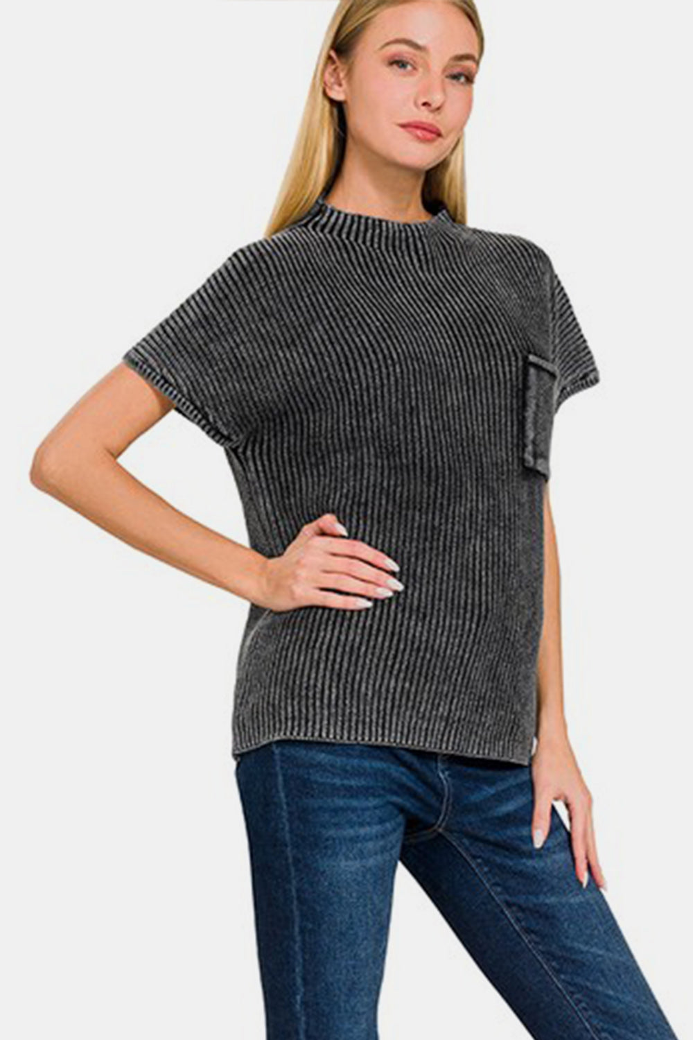 Zenana Pocketed Mock Neck Short Sleeve Sweater Zenana Pocketed Mock Neck Short Sleeve Sweater - TopFashionHQ