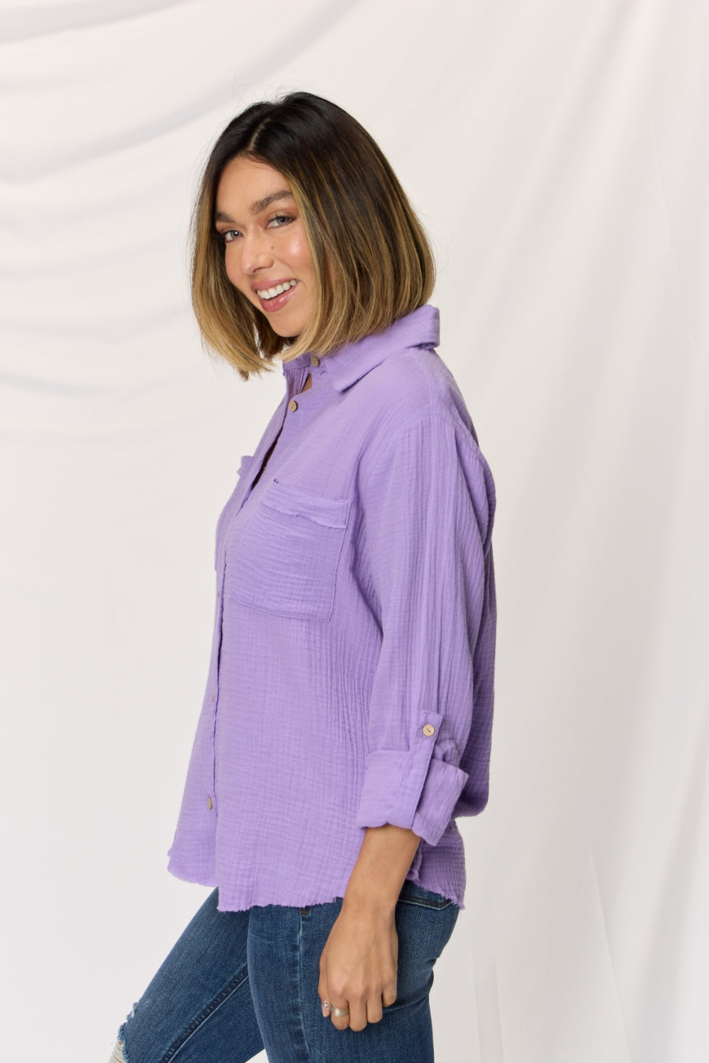 Zenana Texture Button Up Raw Hem Long Sleeve Shirt Zenana Texture Button Up Raw Hem Long Sleeve Shirt - TopFashionHQ