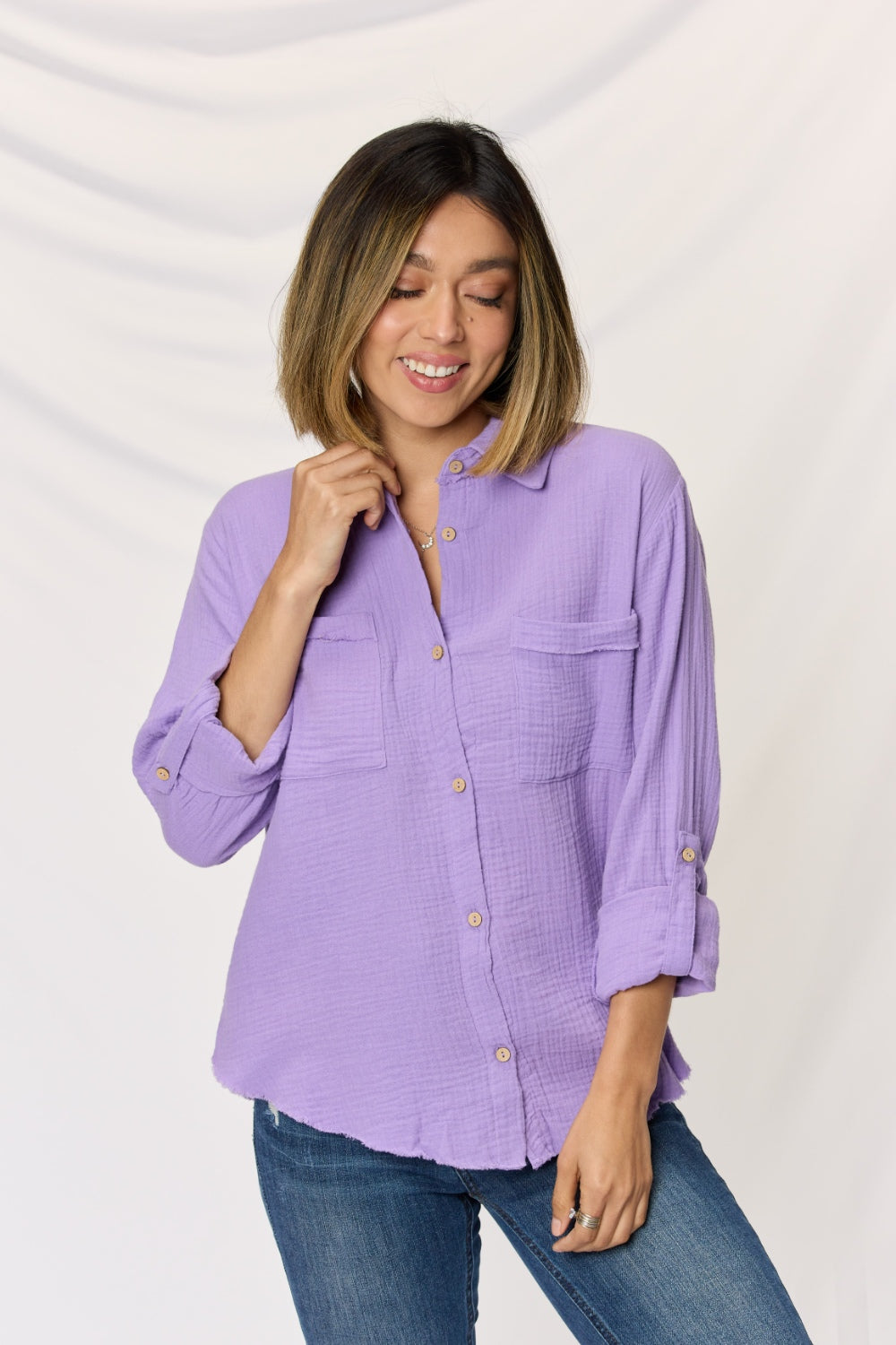 Zenana Texture Button Up Raw Hem Long Sleeve Shirt Zenana Texture Button Up Raw Hem Long Sleeve Shirt - TopFashionHQ