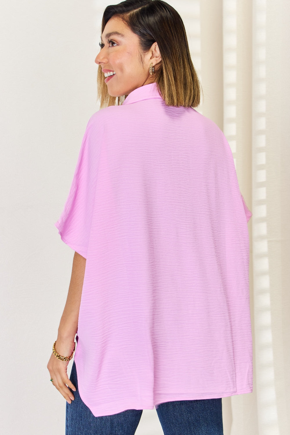 Zenana Texture Button Up Short Sleeve High-Low Shirt Zenana Texture Button Up Short Sleeve High-Low Shirt - TopFashionHQ