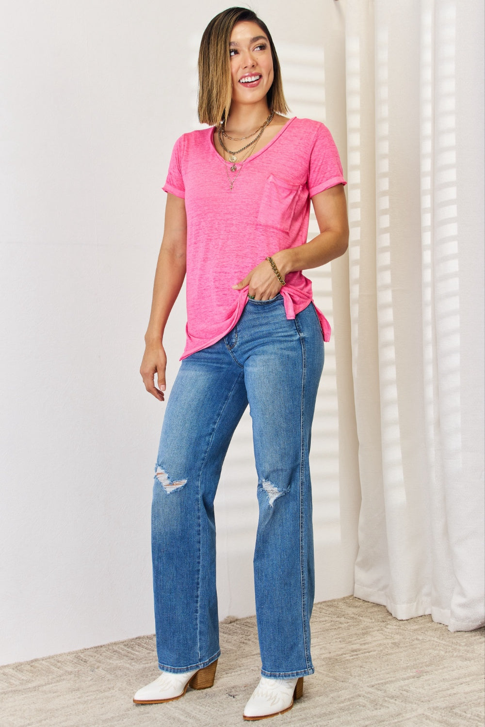 Zenana V-Neck Short Sleeve Slit T-Shirt Zenana V-Neck Short Sleeve Slit T-Shirt - TopFashionHQ