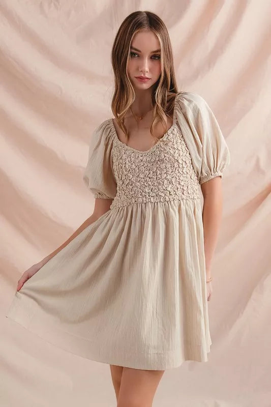 SO ME Textured Woven Daily Dress with Puff Sleeves a0407784-58d7-4b0a-b052-b15c0d4455f0-Max-Origin