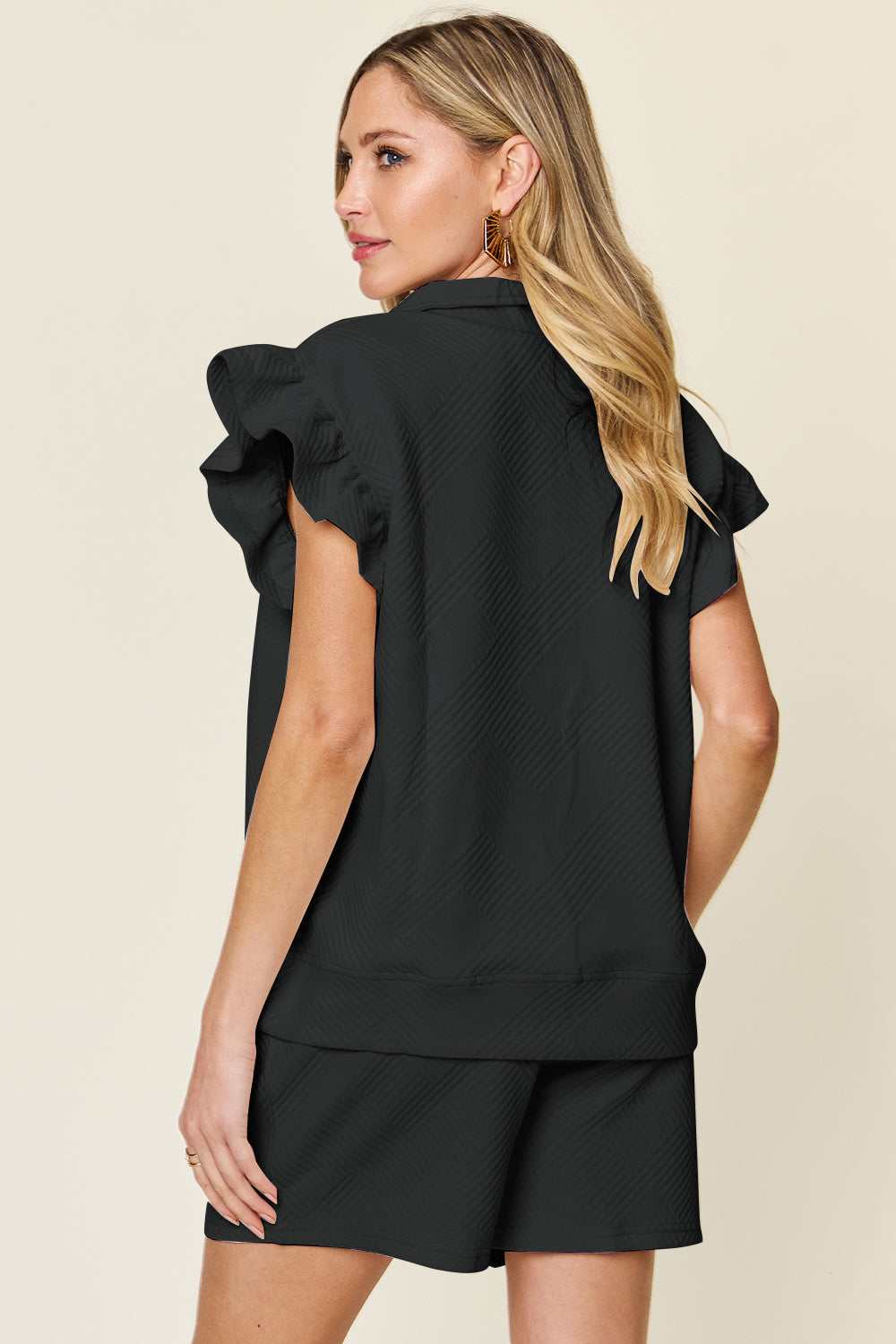 Double Take Full Size Texture Flounce Sleeve Top and Drawstring Shorts Set Double Take Full Size Texture Flounce Sleeve Top and Drawstring Shorts Set