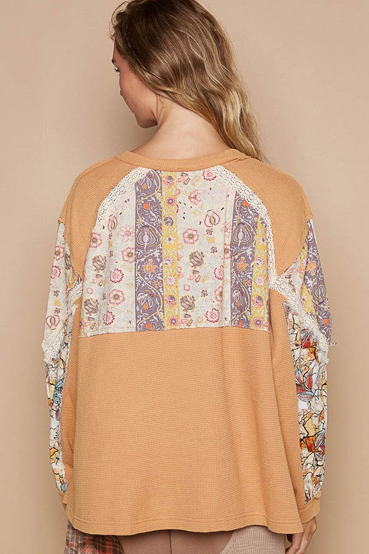 POL Waffle-Knit Lace Detail Round Neck Top POL Waffle-Knit Lace Detail Round Neck Top - TopFashionHQ