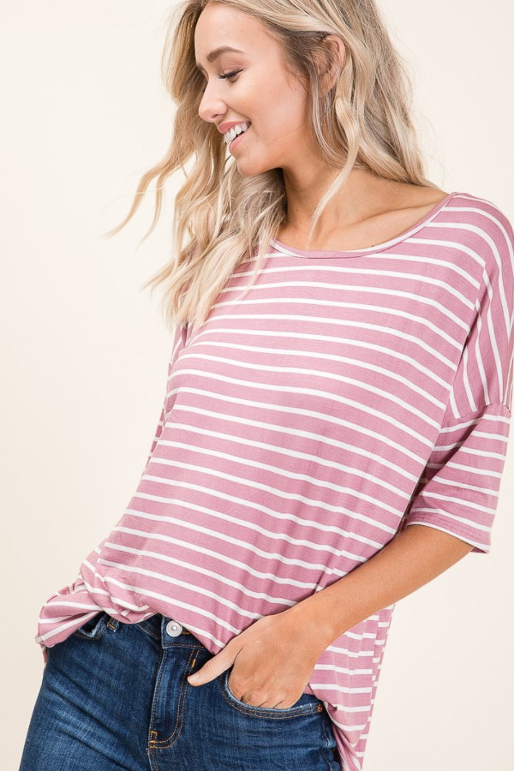 BOMBOM Striped Round Neck Half Sleeve T-Shirt BOMBOM Striped Round Neck Half Sleeve T-Shirt - TopFashionHQ