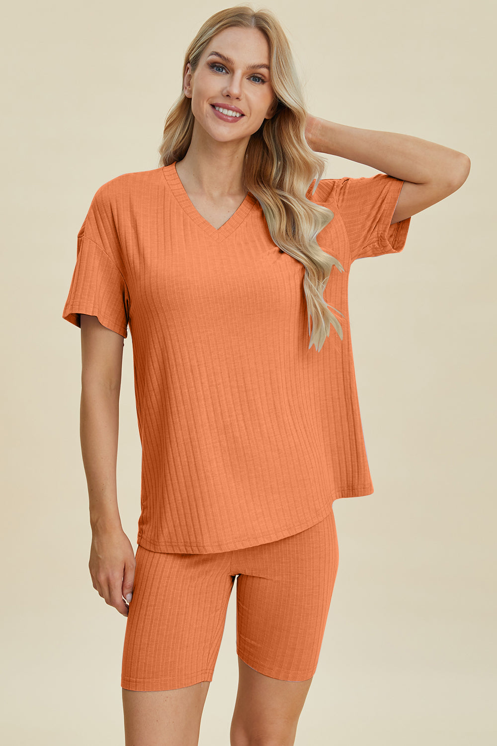 Basic Bae Full Size Ribbed V-Neck Short Sleeve Top and Shorts Set Basic Bae Full Size Ribbed V-Neck Short Sleeve Top and Shorts Set