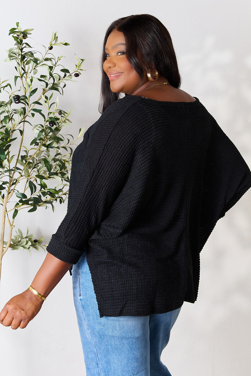 Zenana Full Size Round Neck High-Low Slit Knit Top Zenana Full Size Round Neck High-Low Slit Knit Top - TopFashionHQ