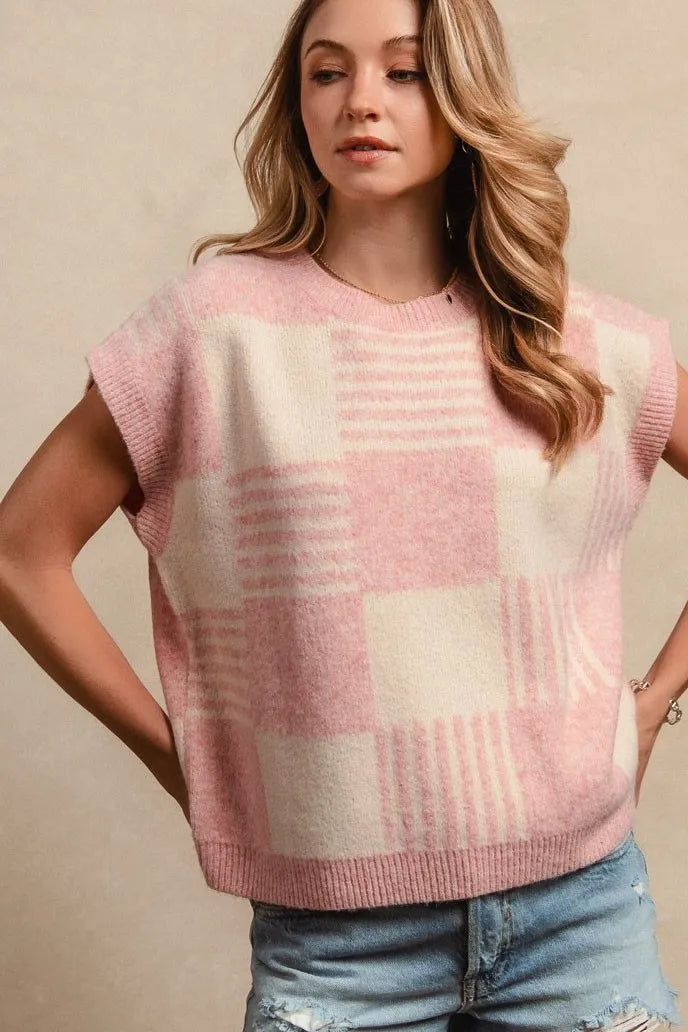 BiBi Checker With Stripes Pattern Sleeveless Sweater a069050c9e0a472dbbf4f4a0deacac09-Max-Origin