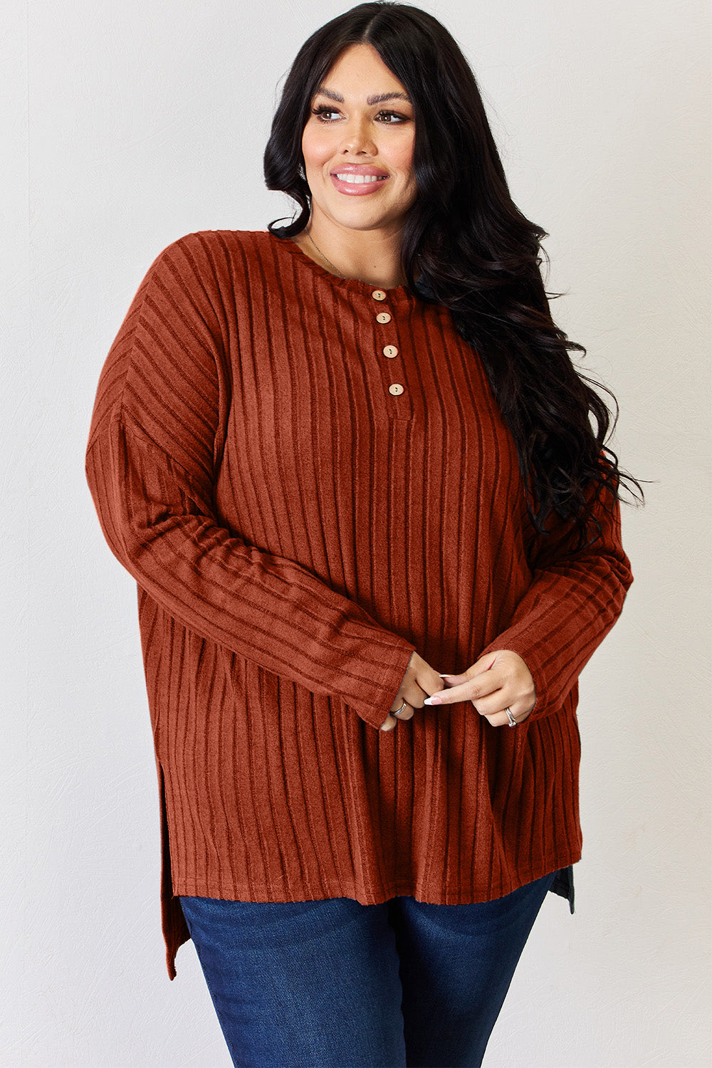 Basic Bae Full Size Ribbed Half Button Long Sleeve High-Low T-Shirt Basic Bae Full Size Ribbed Half Button Long Sleeve High-Low T-Shirt - TopFashionHQ