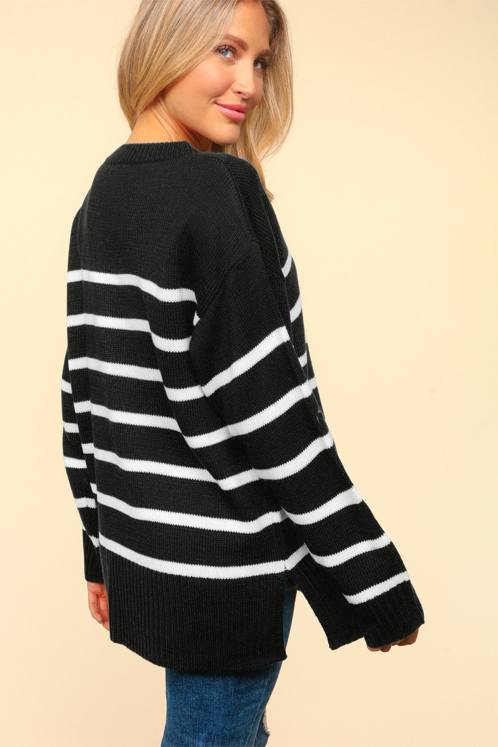Haptics Full Size Striped Contrast Side Slit Sweater Haptics Full Size Striped Contrast Side Slit Sweater - TopFashionHQ