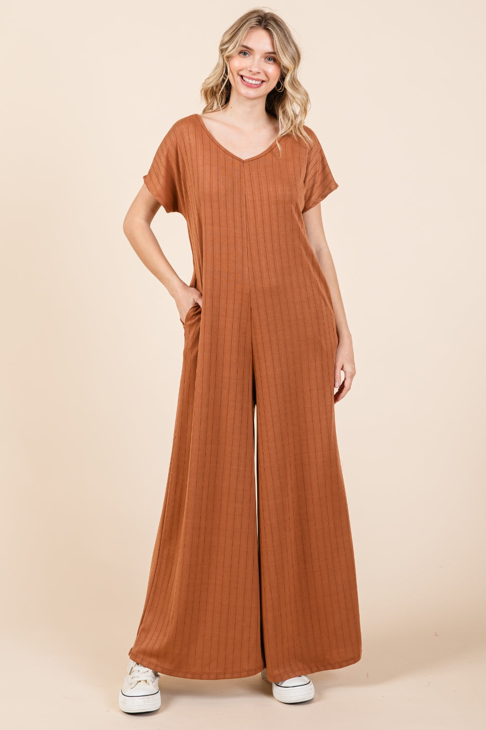 BOMBOM Ribbed Short Sleeve Wide Leg Jumpsuit BOMBOM Ribbed Short Sleeve Wide Leg Jumpsuit - TopFashionHQ