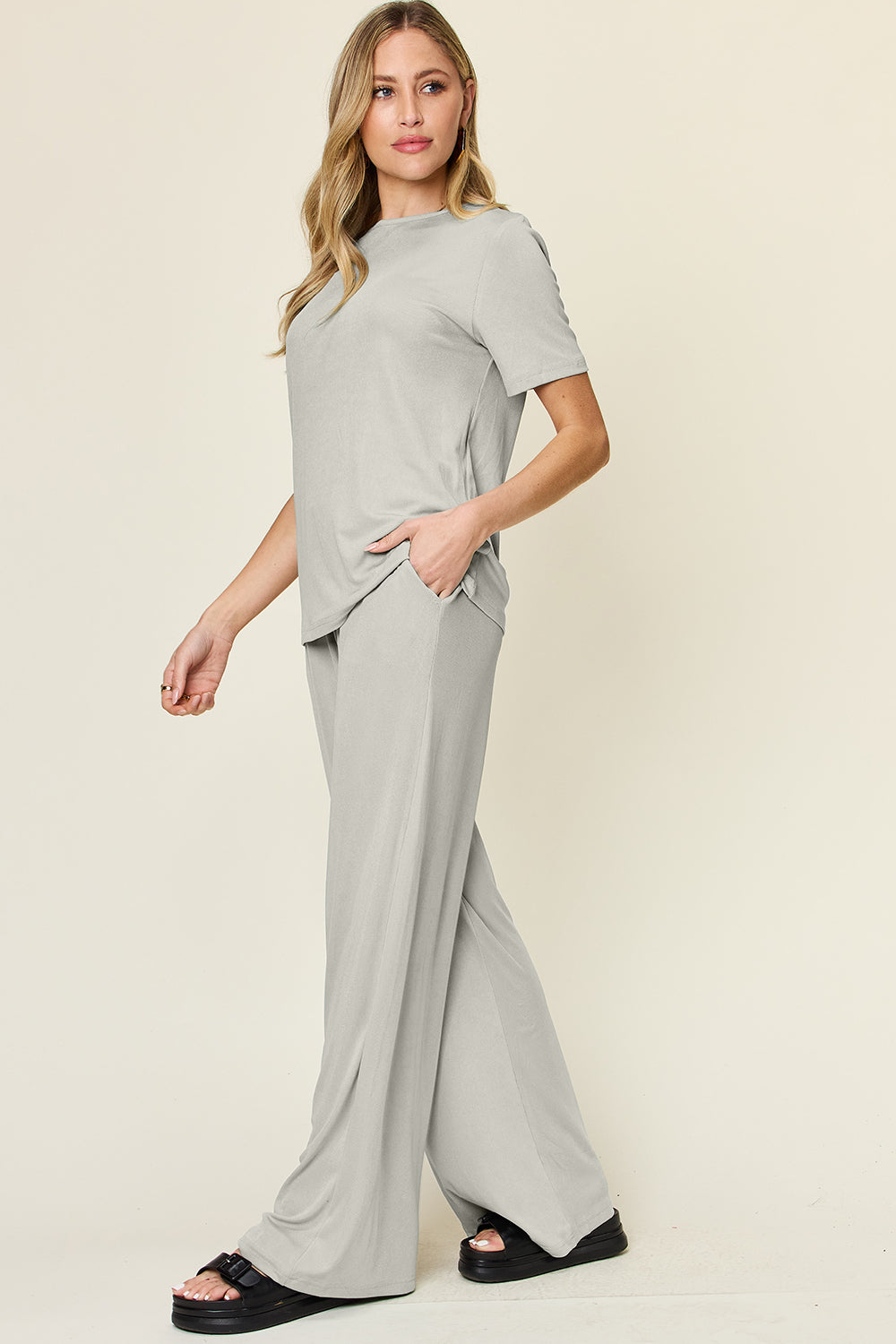Double Take Full Size Round Neck Short Sleeve T-Shirt and Wide Leg Pants Set Double Take Full Size Round Neck Short Sleeve T-Shirt and Wide Leg Pants Set