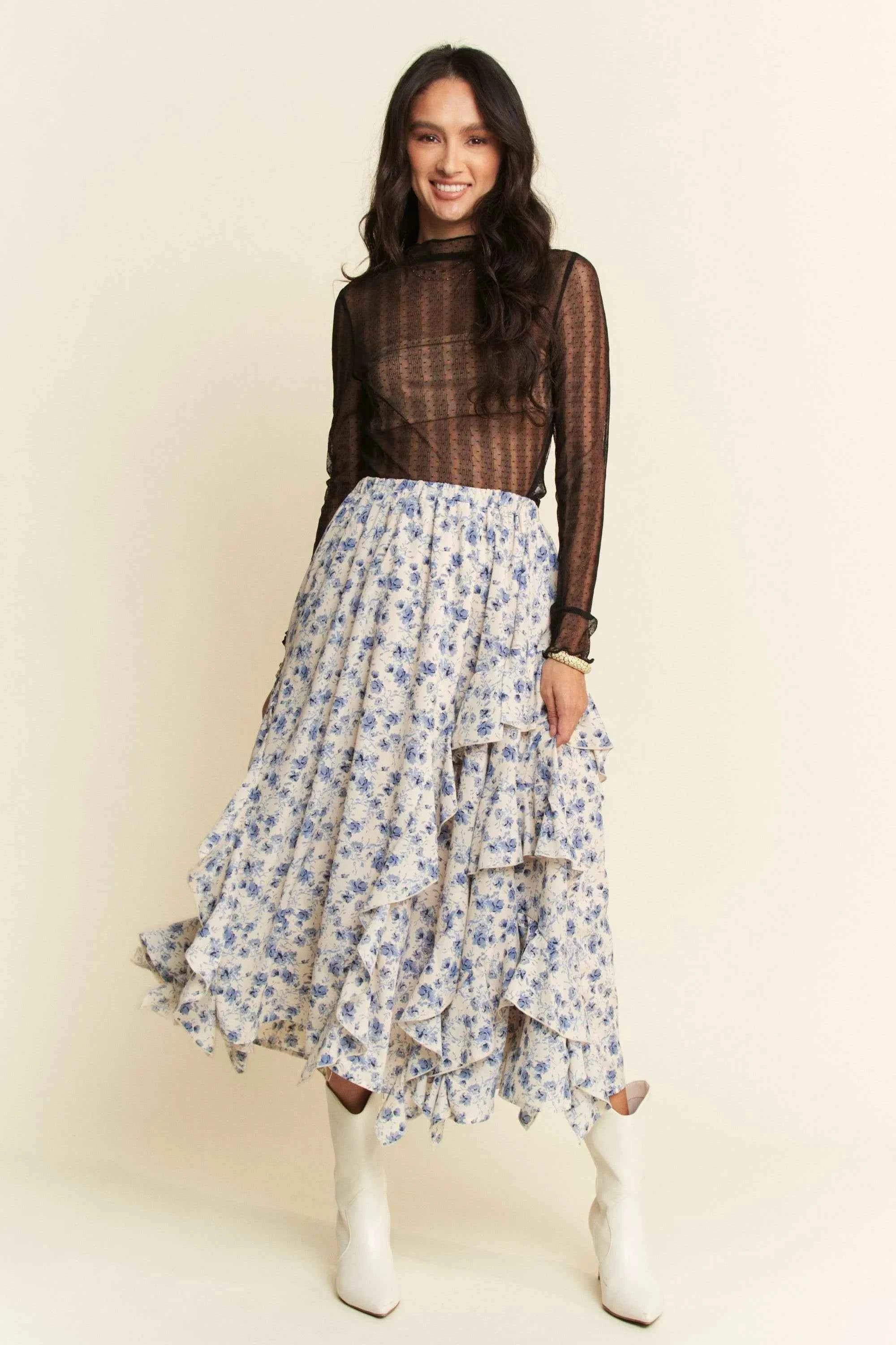 Davi & Dani Turtle Neck Lace Dotted Stretch Mesh Sheer Top Davi & Dani Turtle Neck Lace Dotted Stretch Mesh Sheer Top