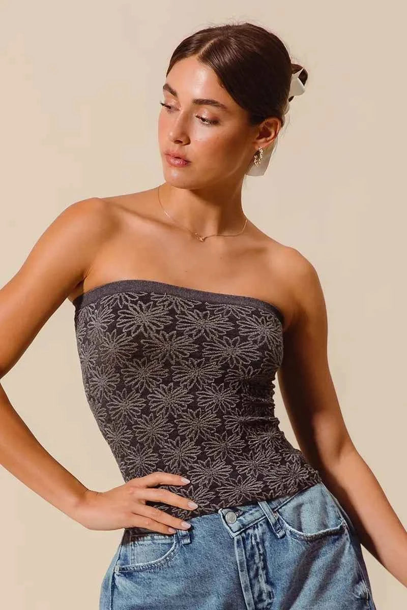SO ME Jacquard Floral Two Tone Seamless Tube Top SO ME Jacquard Floral Two Tone Seamless Tube Top