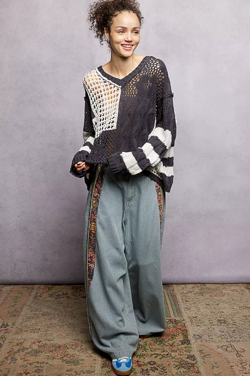 POL Color-Blocked Stripe Pattern Knit Top with Twisted Weave a1095795-25cd-4e27-a8e9-62eddbc1a137-Max-Origin