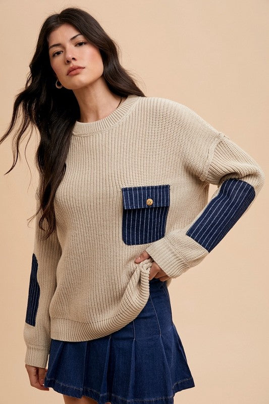 Annie Wear Contrast Round Neck Drop Shoulder Sweater with Patch Pocket Annie Wear Contrast Round Neck Drop Shoulder Sweater with Patch Pocket
