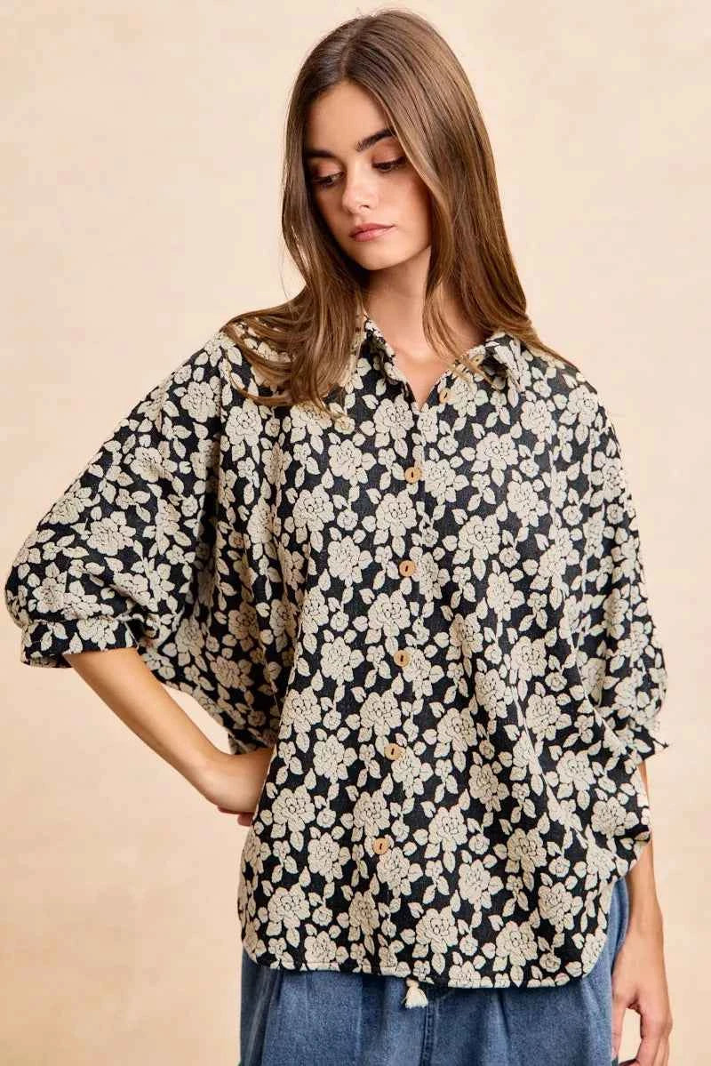 BiBi Floral Jacquard Short Dolman Sleeves Shirt BiBi Floral Jacquard Short Dolman Sleeves Shirt