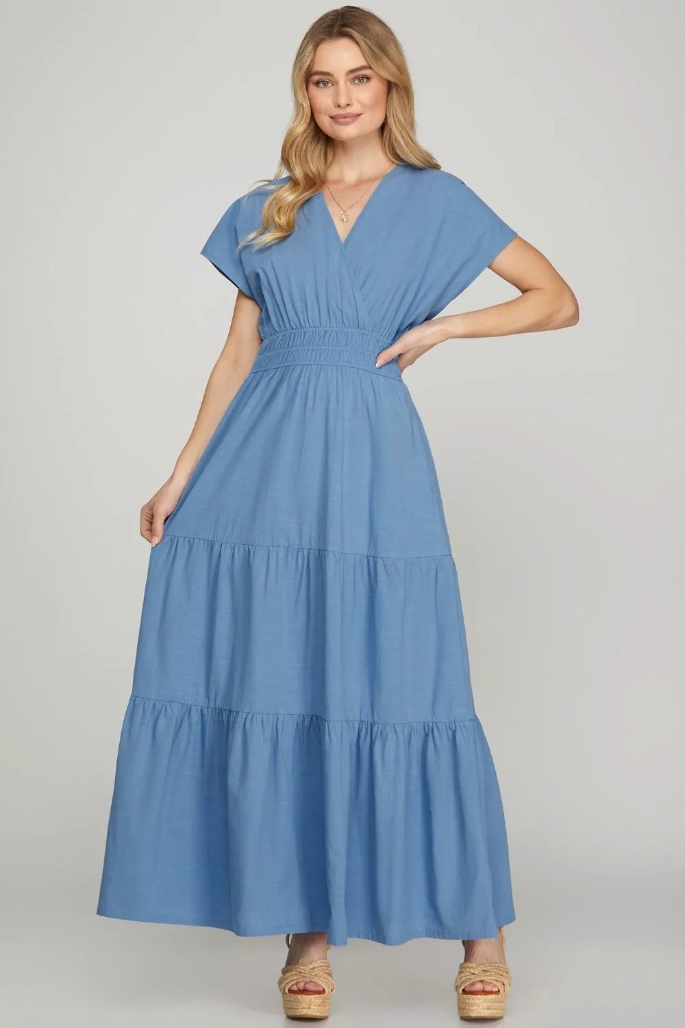 She + Sky Surplice Short Sleeve Tiered Maxi Dress With Pockets a130f587-8cba-4c6d-b1cd-ea6e02748b8c-Max