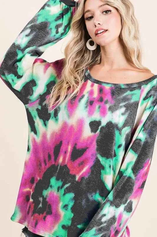 BiBi Tie Dye Print Terry Top with Puff Sleeves BiBi Tie Dye Print Terry Top with Puff Sleeves