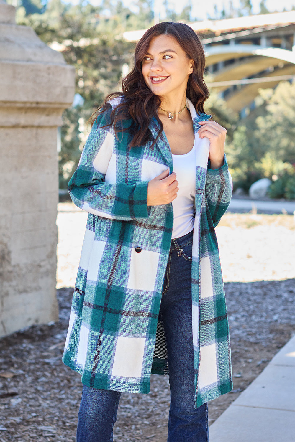 Double Take Full Size Plaid Button Up Lapel Collar Coat Double Take Full Size Plaid Button Up Lapel Collar Coat - TopFashionHQ