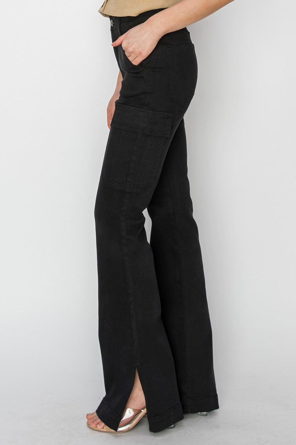 RISEN Full Size High Rise Side Slit Cargo Bootcut Jeans RISEN Full Size High Rise Side Slit Cargo Bootcut Jeans - TopFashionHQ