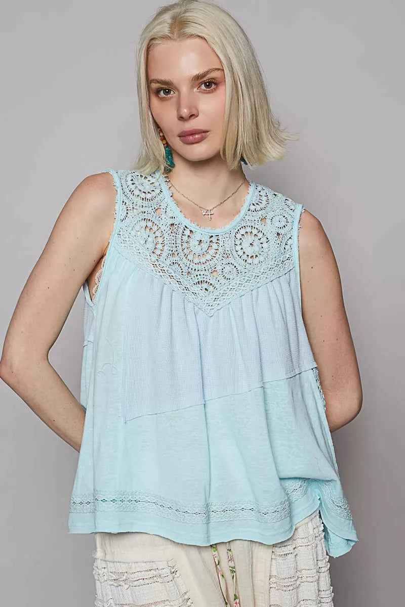 POL Round Neck Sleeveless Top with Crochet Contrast POL Round Neck Sleeveless Top with Crochet Contrast