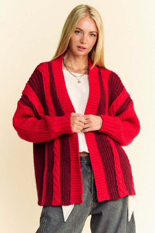 Davi & Dani Cable-Knit Color Block Open Front Cardigan Davi & Dani Cable-Knit Color Block Open Front Cardigan - TopFashionHQ