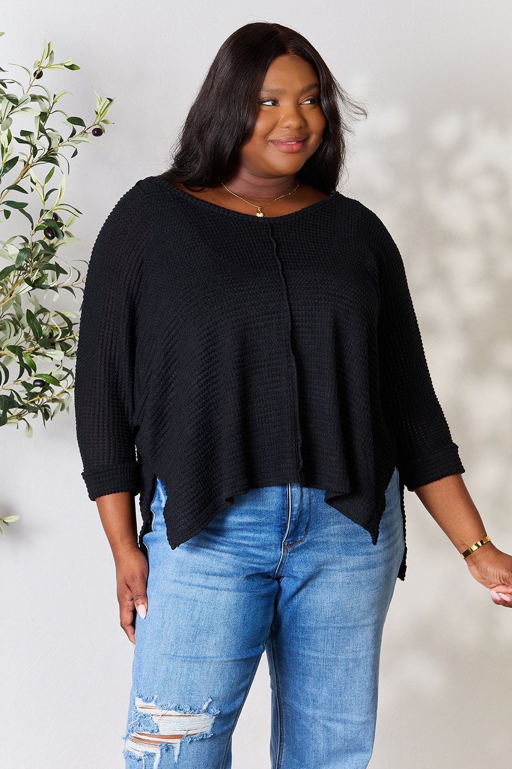 Zenana Full Size Round Neck High-Low Slit Knit Top Zenana Full Size Round Neck High-Low Slit Knit Top - TopFashionHQ