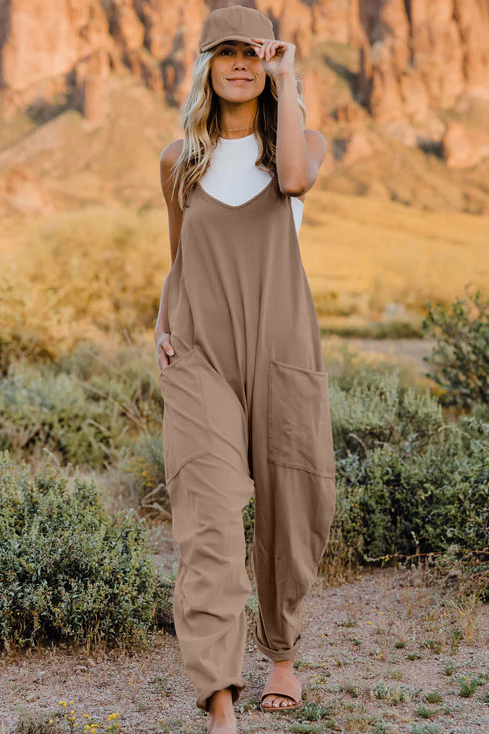 Double Take Full Size V-Neck Sleeveless Jumpsuit with Pockets Double Take Full Size V-Neck Sleeveless Jumpsuit with Pockets - TopFashionHQ