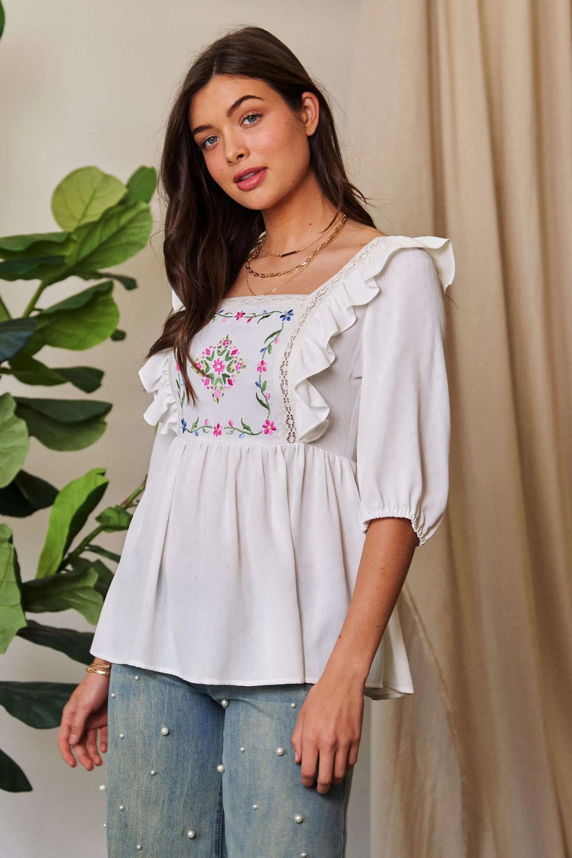 Davi & Dani Texture Tie Back Floral Embroidery Frill Blouse a1f15ca58a6e4c23bd34b744e76989fa-Max-Origin