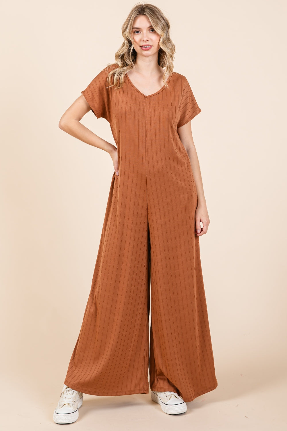 BOMBOM Ribbed Short Sleeve Wide Leg Jumpsuit BOMBOM Ribbed Short Sleeve Wide Leg Jumpsuit - TopFashionHQ
