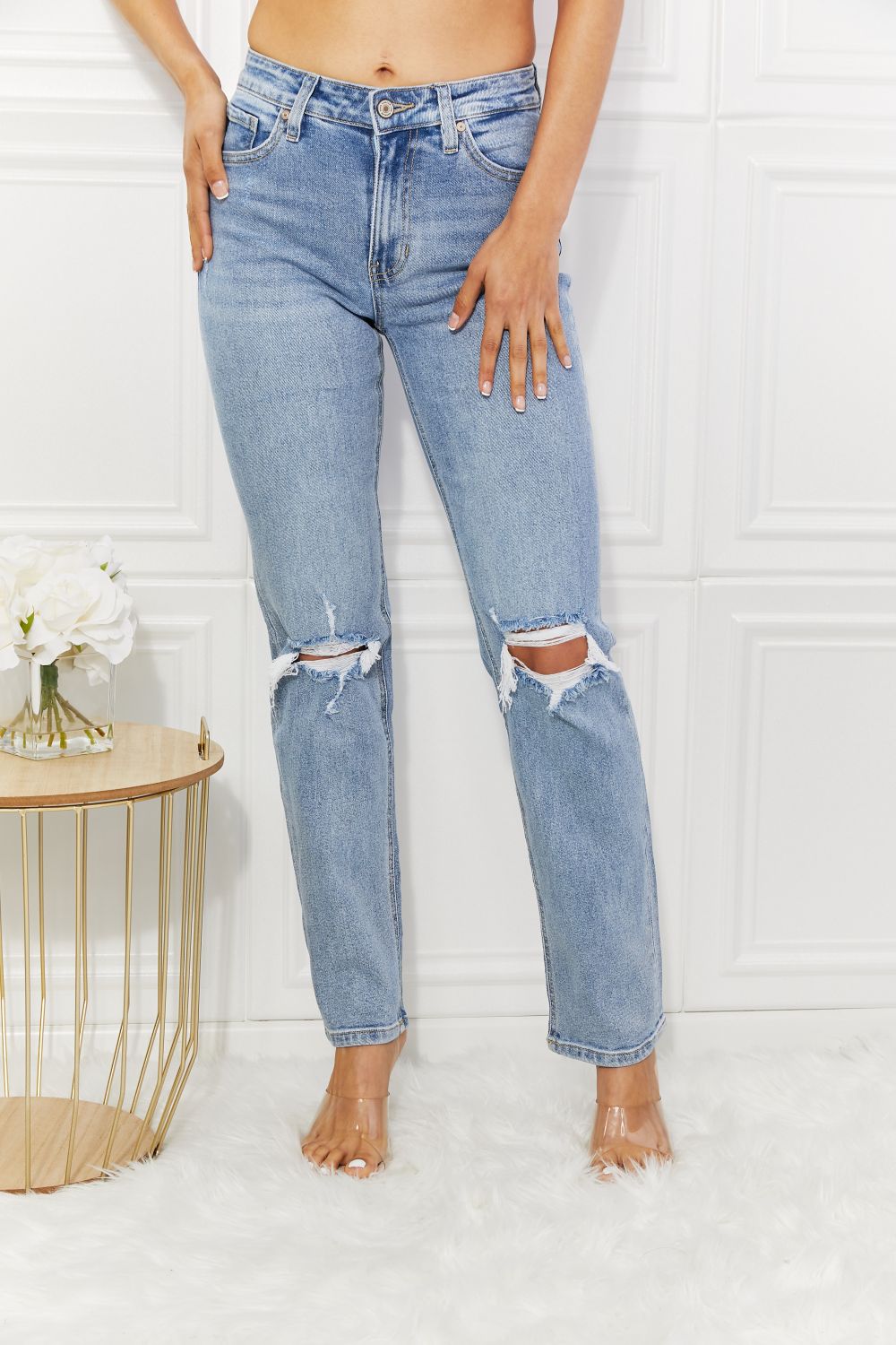 Kancan High Rise Distressed Slim Straight Jeans Kancan High Rise Distressed Slim Straight Jeans - TopFashionHQ