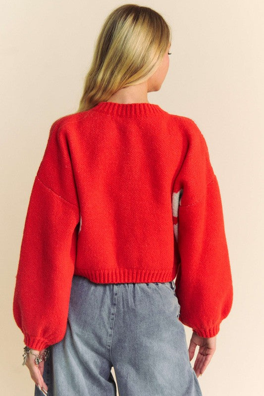 Davi & Dani Flower Contrast Round Neck Long Sleeve Cardigan Davi & Dani Flower Contrast Round Neck Long Sleeve Cardigan - TopFashionHQ