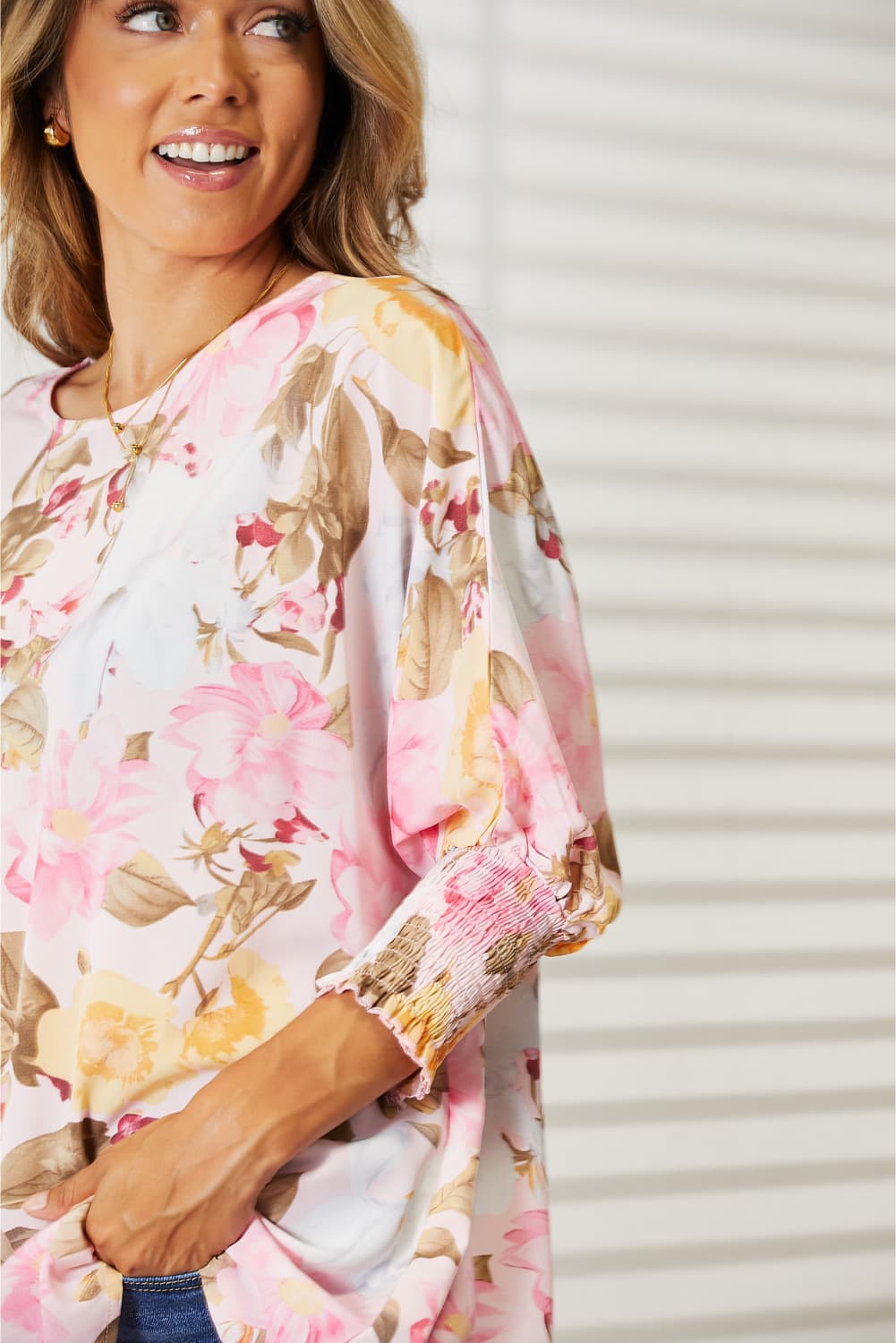 Double Take Floral Round Neck Three-Quarter Sleeve Top Double Take Floral Round Neck Three-Quarter Sleeve Top - TopFashionHQ