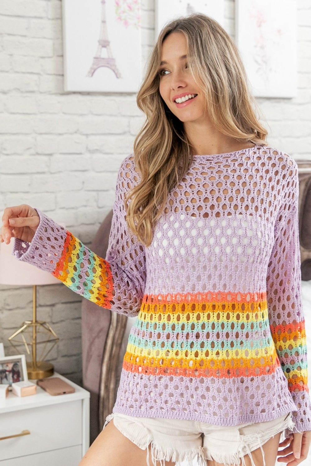 BiBi Rainbow Stripe Hollow Out Cover Up BiBi Rainbow Stripe Hollow Out Cover Up - TopFashionHQ