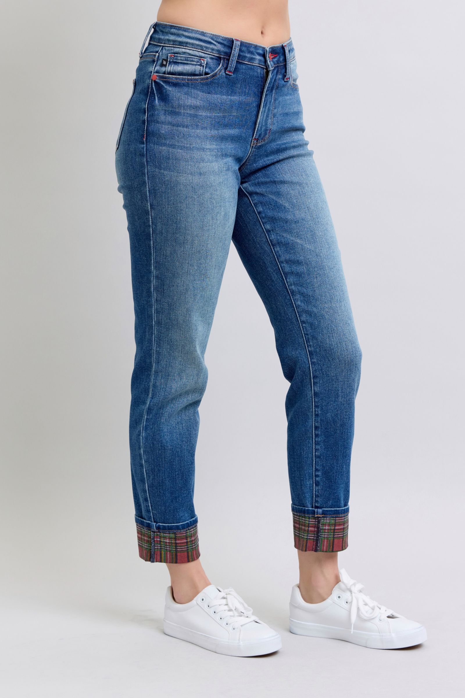 Judy Blue Full Size Plaid Print Cuff Straight Leg Jeans with Pockets Judy Blue Full Size Plaid Print Cuff Straight Leg Jeans with Pockets - TopFashionHQ