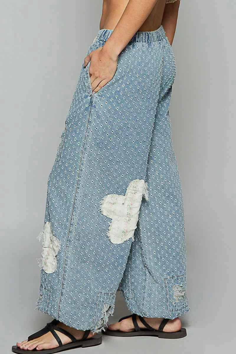 POL Floral Patch Washed Textured Twill Pants with Crochet See Thru Patch POL Floral Patch Washed Textured Twill Pants with Crochet See Thru Patch