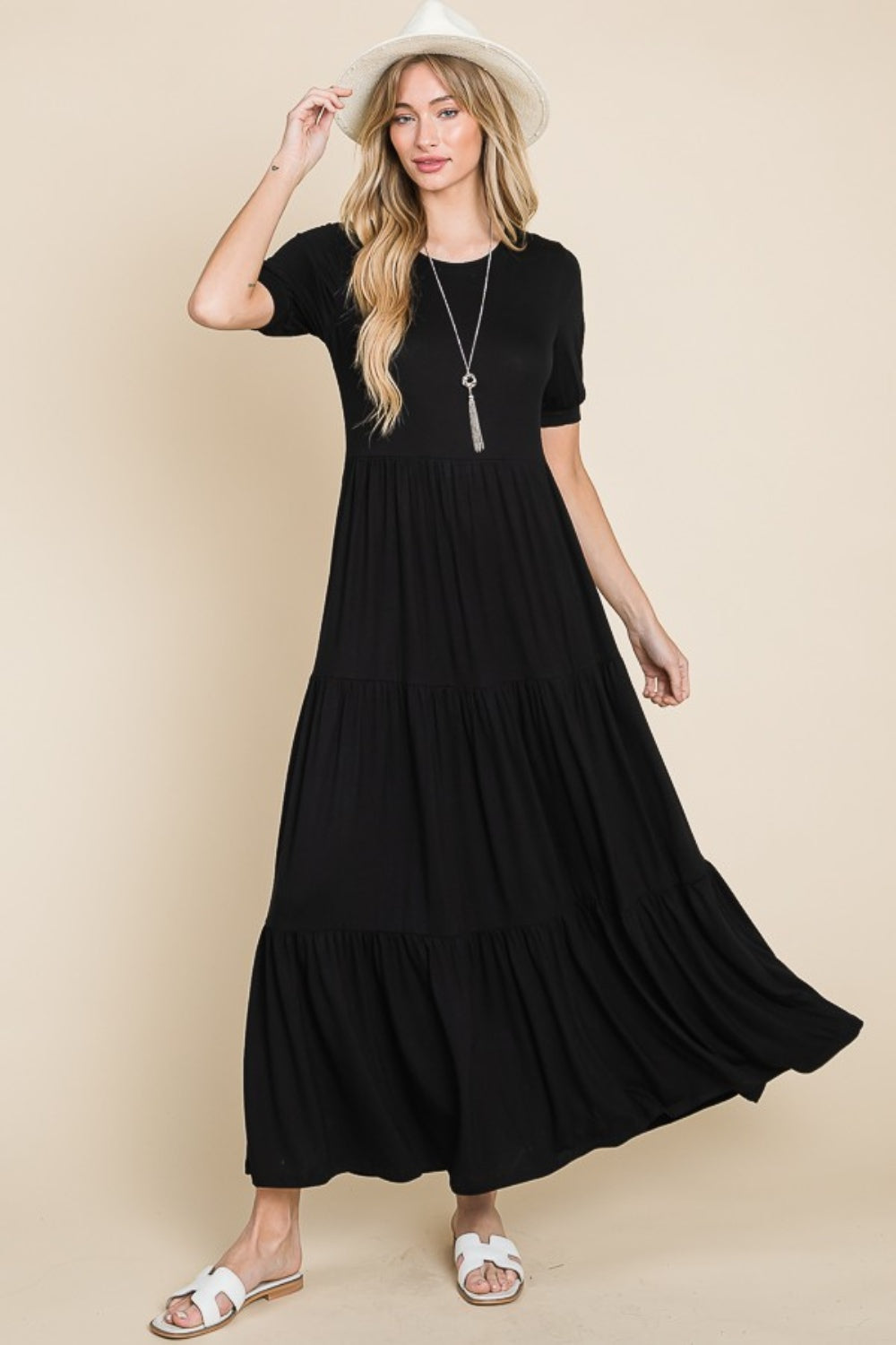 BOMBOM Short Sleeve Tiered Maxi Dress BOMBOM Short Sleeve Tiered Maxi Dress - TopFashionHQ