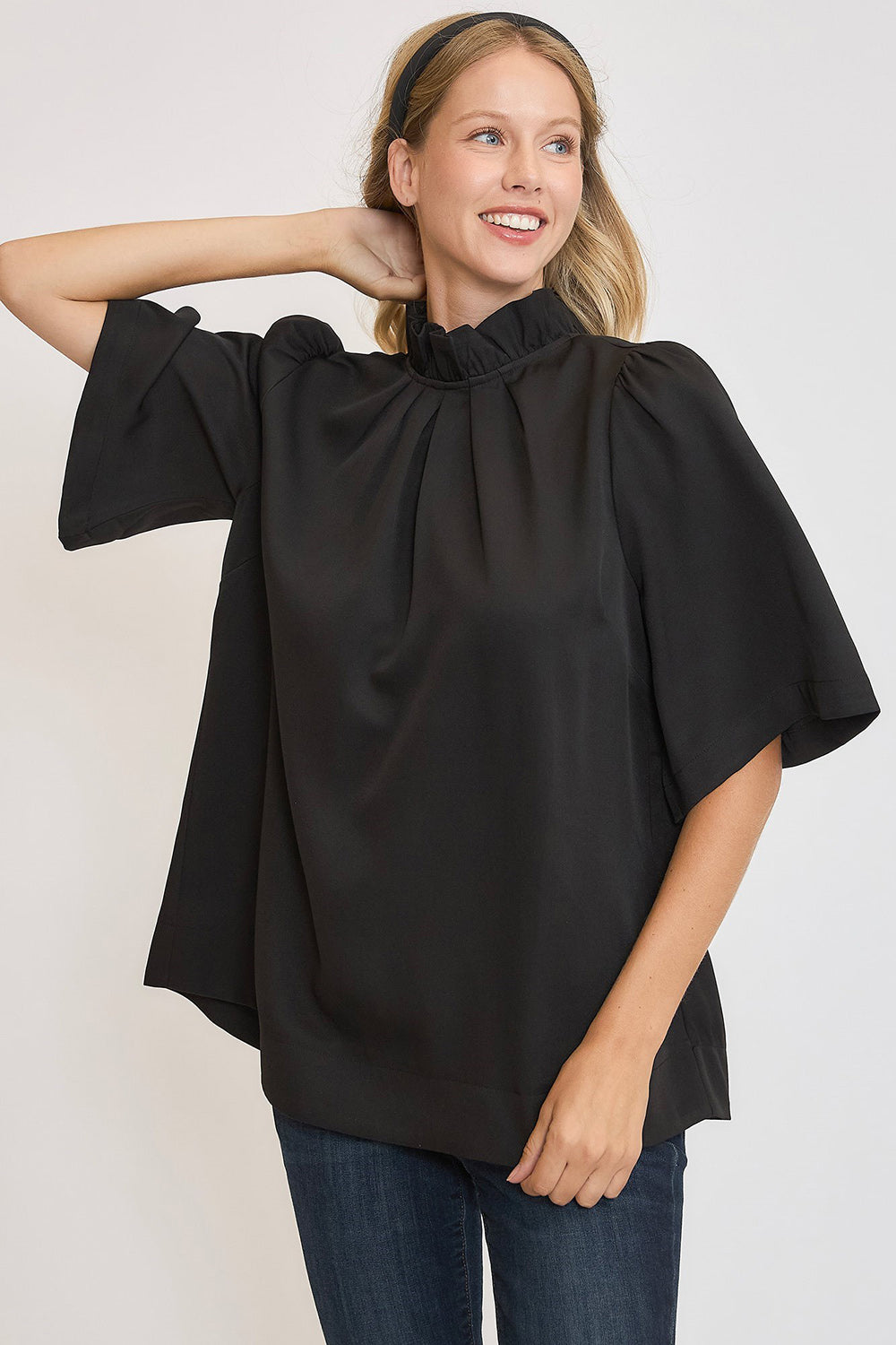 Umgee Bow Tie Back Mock Neck Half Sleeve Blouse Umgee Bow Tie Back Mock Neck Half Sleeve Blouse - TopFashionHQ
