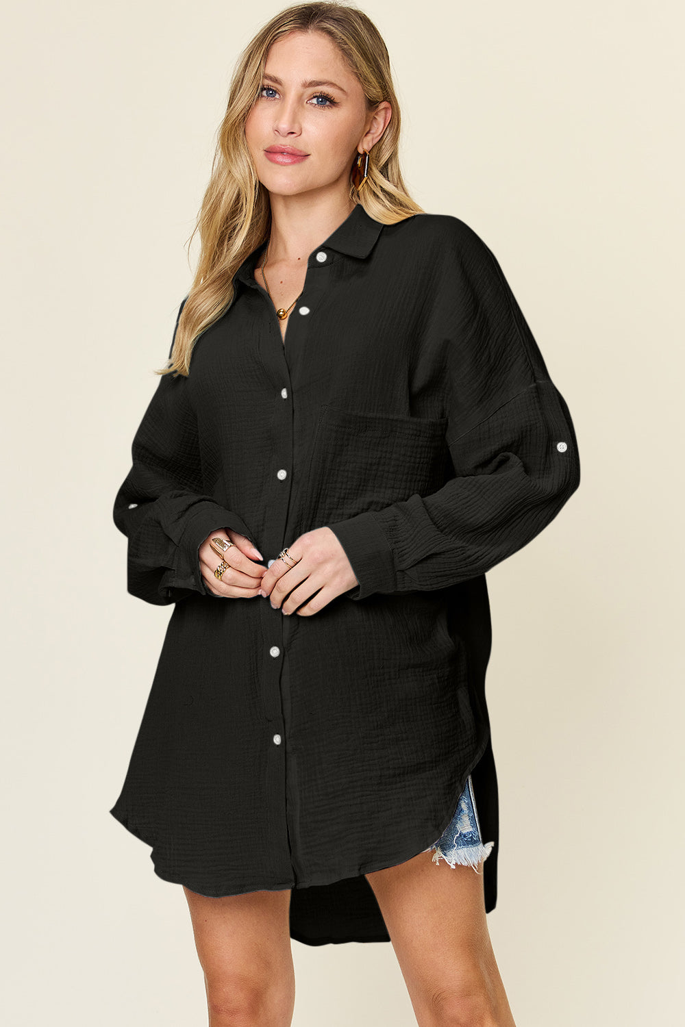Double Take Full Size Pocketed Texture Button Up Shirt Double Take Full Size Pocketed Texture Button Up Shirt
