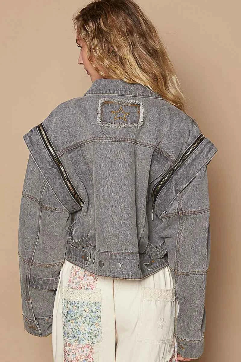 POL Cropped Denim Jacket with Functional Zipper Detail POL Cropped Denim Jacket with Functional Zipper Detail
