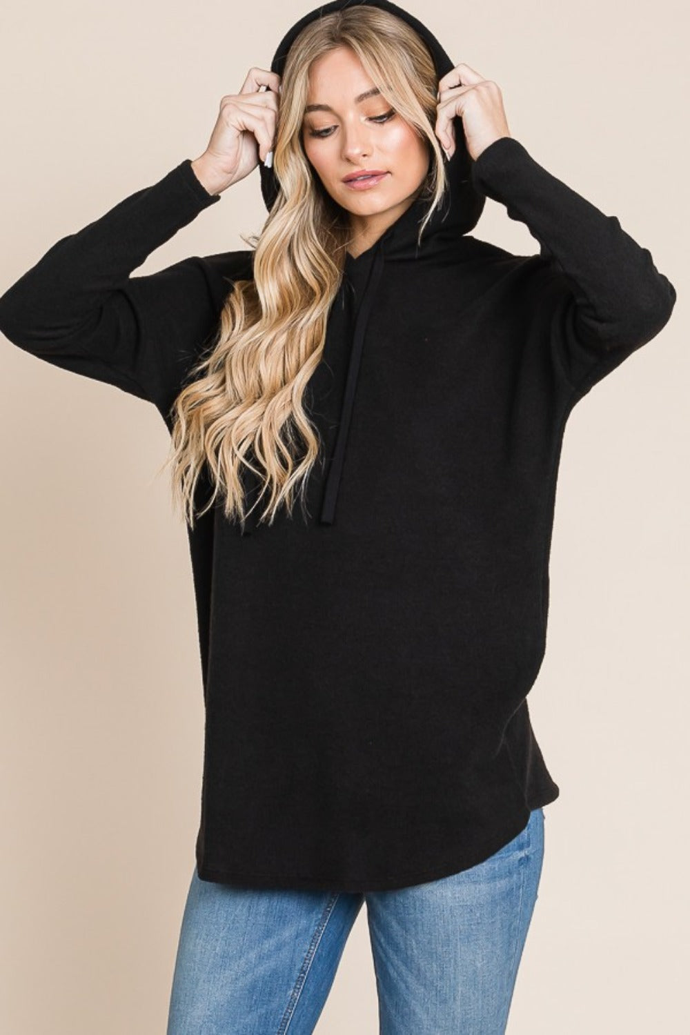 BOMBOM Contrast Drawstring Drop Shoulder Knit Hoodie BOMBOM Contrast Drawstring Drop Shoulder Knit Hoodie