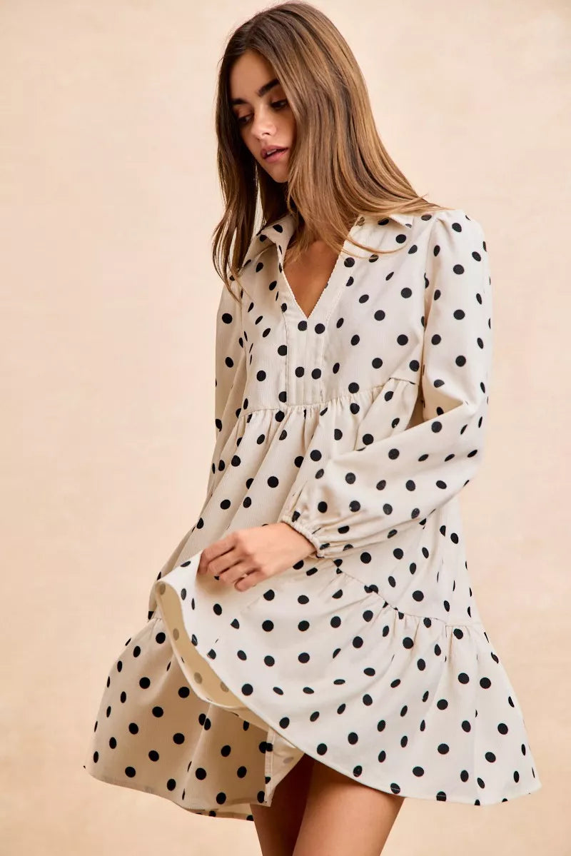 BiBi Polka Dot Corduroy Collared V Neck Dress a32cd238b7d5457e8bc9edbf4176ee04-Max-Origin
