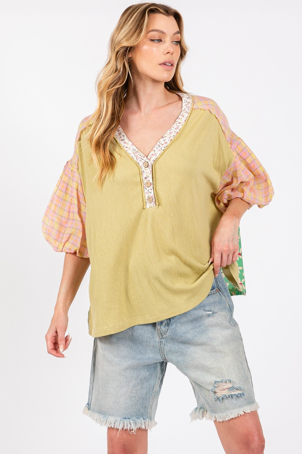 SAGE + FIG Color Block Bubble Sleeve Top SAGE + FIG Color Block Bubble Sleeve Top - TopFashionHQ