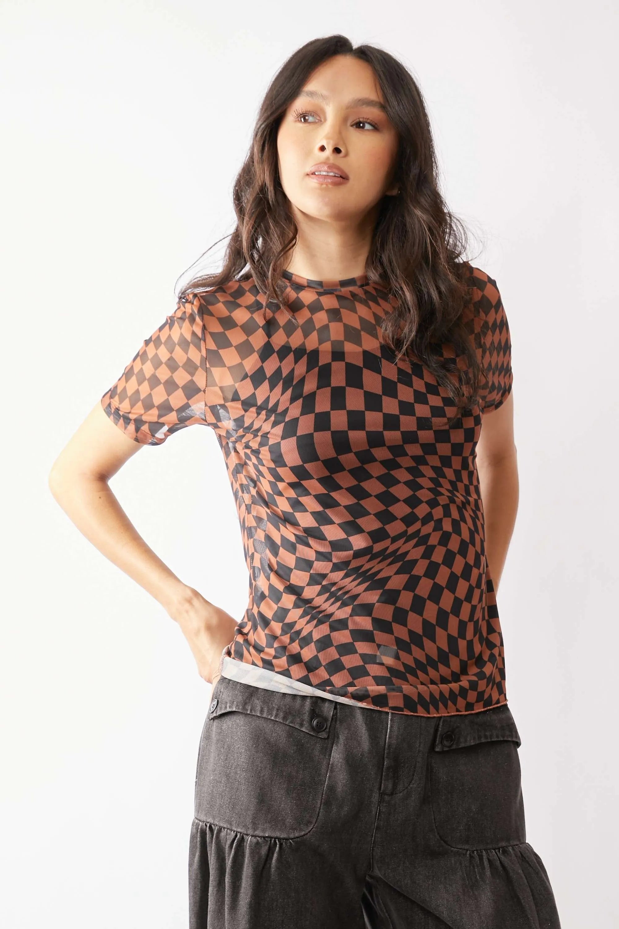 Davi & Dani Checker Board Printed Mesh Short Sleeve Top a35d88b16e4745f59175d31d6ad9f544-Max-Origin