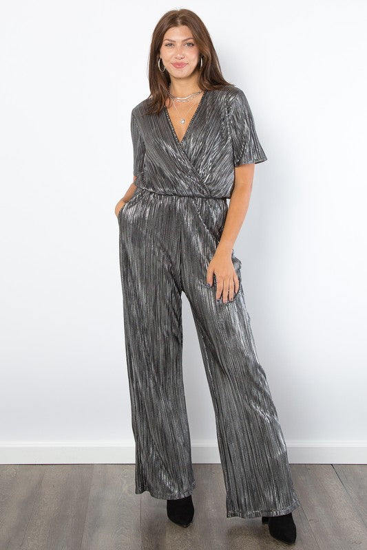 Be Stage Surplice Short Sleeve Pleated Foil Jumpsuit Be Stage Surplice Short Sleeve Pleated Foil Jumpsuit - TopFashionHQ